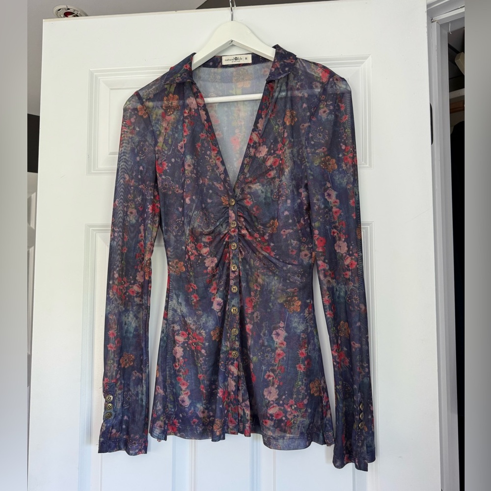 Natural Life Sheer Floral Button-Up Top, M